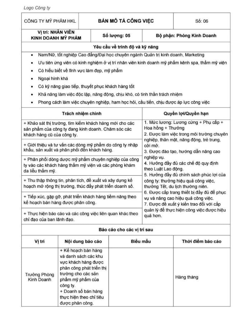 Mẫu bản mô tả công việc nhân viên kinh doanh ngành mỹ phẩm