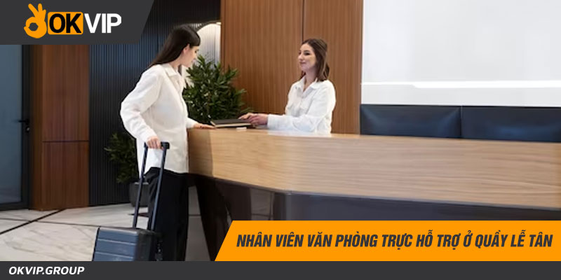 Nhân viên văn phòng trực hỗ trợ ở quầy lễ tân
